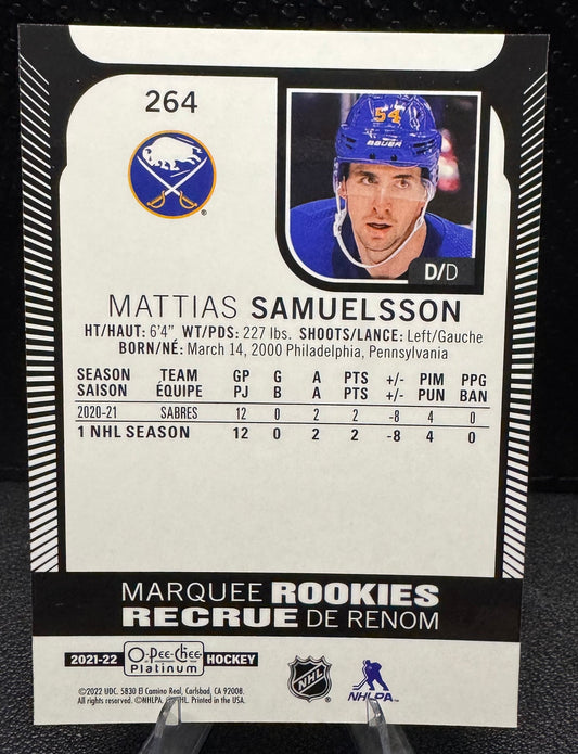2021 - 22 O - Pee - Chee Platinum Marquee Rookies 264 Mattias Samuelsson RC - 787 Hobby House