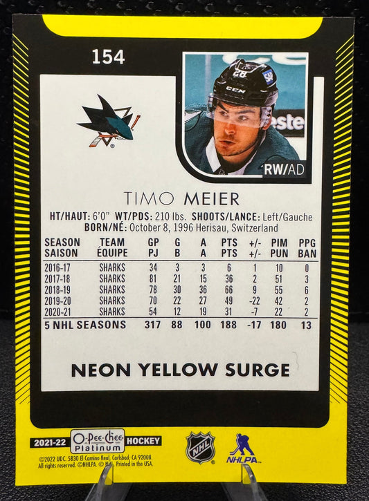 2021 - 22 O - Pee - Chee Platinum Neon Yellow Surge 154 Timo Meier - 787 Hobby House