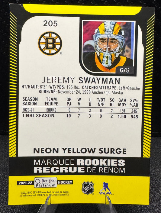 2021 - 22 O - Pee - Chee Platinum Neon Yellow Surge 205 Jeremy Swayman RC - 787 Hobby House