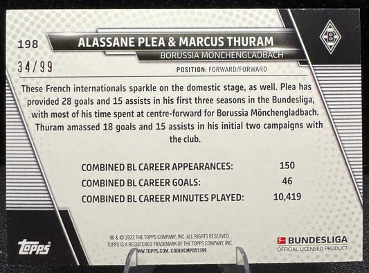 2021 - 22 Topps Bundesliga Blue Foil 198 Alassane Plea/Marcus Thuram 34/99 - 787 Hobby House
