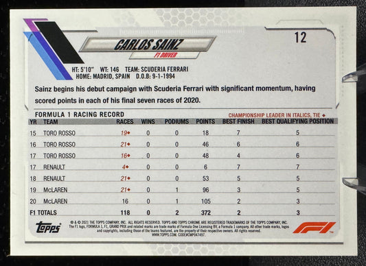 2021 Topps Chrome Formula 1 12 Carlos Sainz Scuderia Ferrari - 787 Hobby House