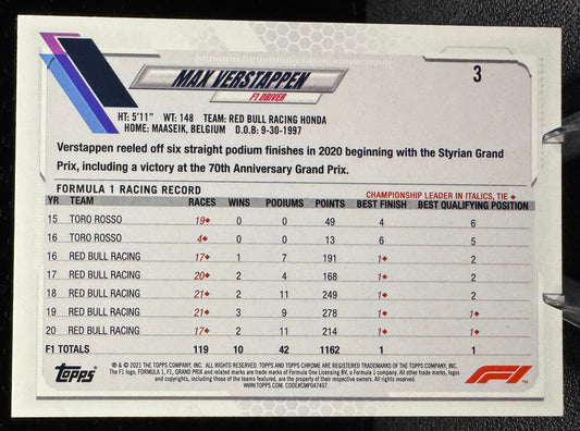 2021 Topps Chrome Formula 1 #3 Max Verstappen Red Bull Racing Honda