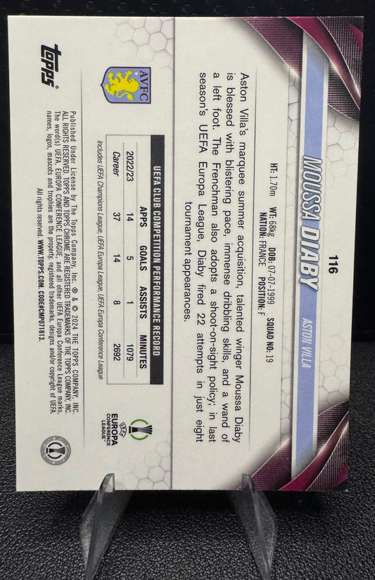 2023 - 24 Topps Chrome UEFA Club Competitions 116 Moussa Diaby Aqua Prism Refractor Aston Villa - 787 Hobby House