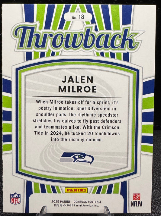 2025 Donruss Rated Rookies Throwback 18 Jalen Milroe Seattle Seahawks - 787 Hobby House