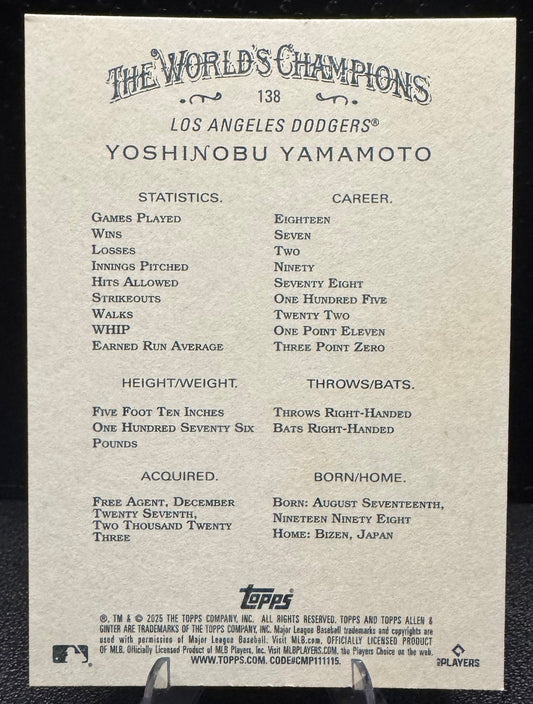2025 Topps Allen & Ginter 138 Yoshinobu Yamamoto Los Angeles Dodgers - 787 Hobby House