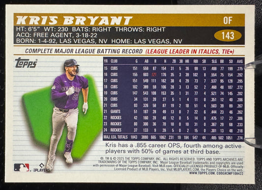 2025 Topps Archives 143 Kris Bryant Colorado Rockies - 787 Hobby House