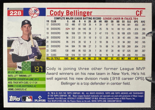 2025 Topps Archives 228 Cody Bellinger Black Foilboard New York Yankees - 787 Hobby House