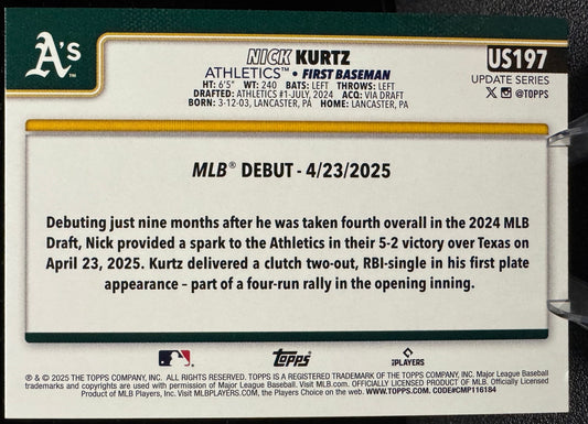 2025 Topps Update US197 Nick Kurtz RC Oakland Athletics - 787 Hobby House