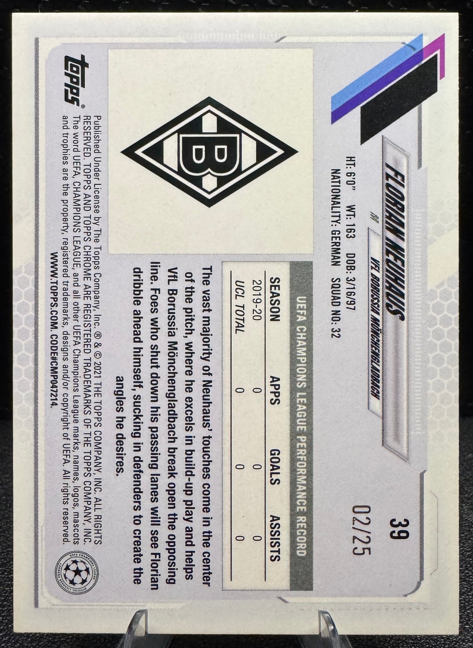 2020 - 21 Topps Chrome Sapphire UEFA Champions League Purple 39 Florian Neuhaus 2/25 - 787 Hobby House