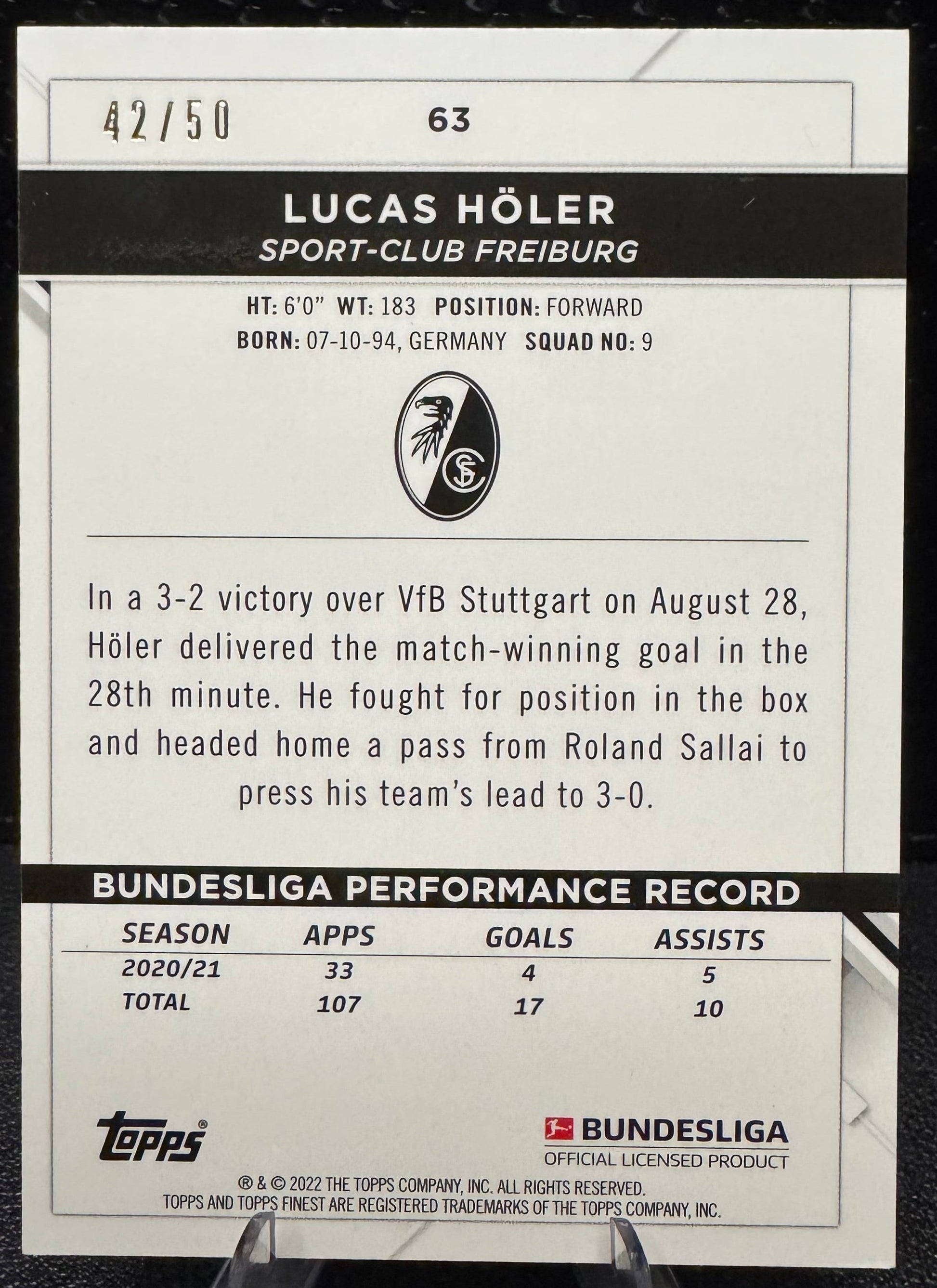 2021-22 Finest Bundesliga Gold Refractors 63 Lucas Holer 42/50 - 787 Hobby House