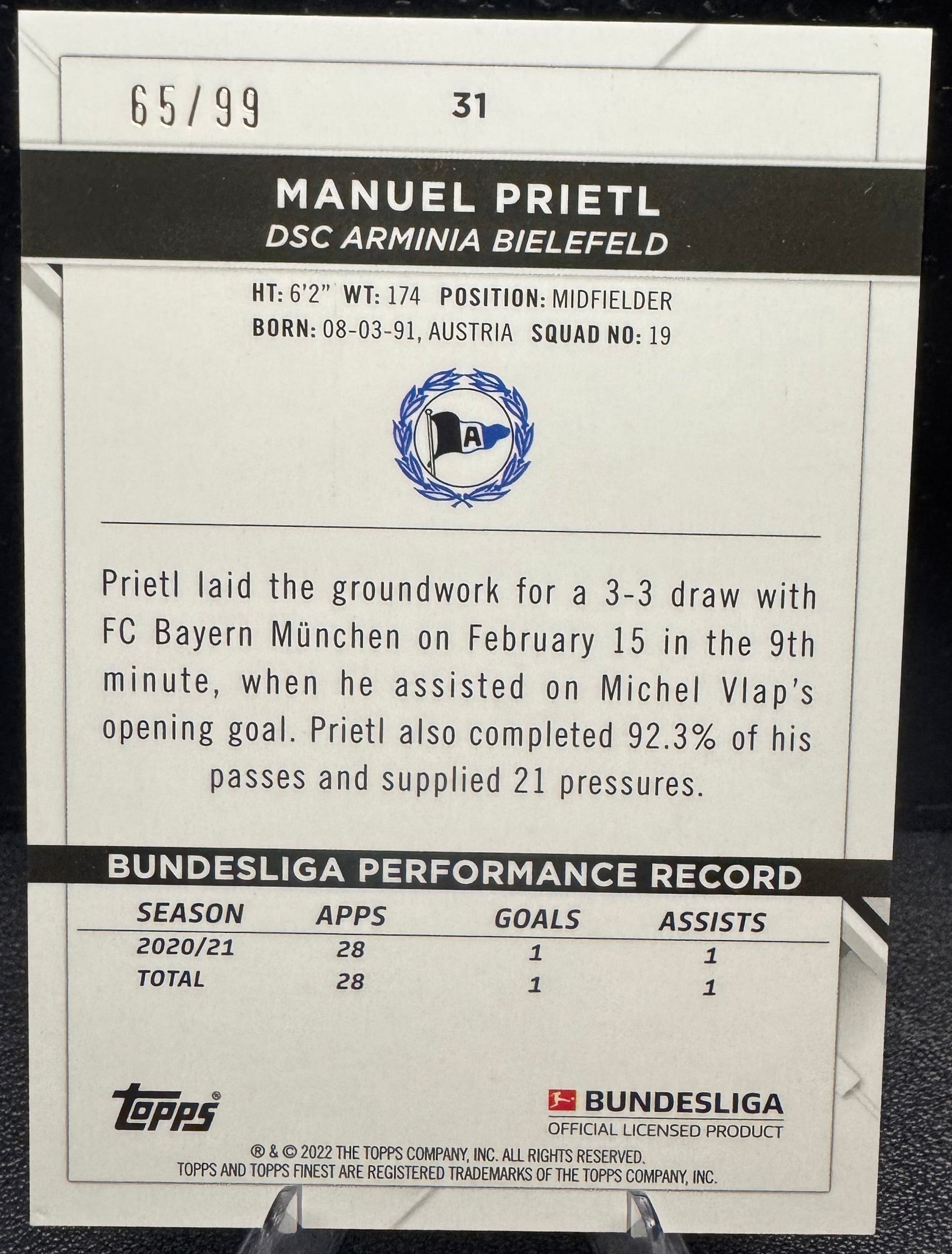 2021 - 22 Finest Bundesliga Green Refractors 31 Manuel Prietl 65/99 - 787 Hobby House