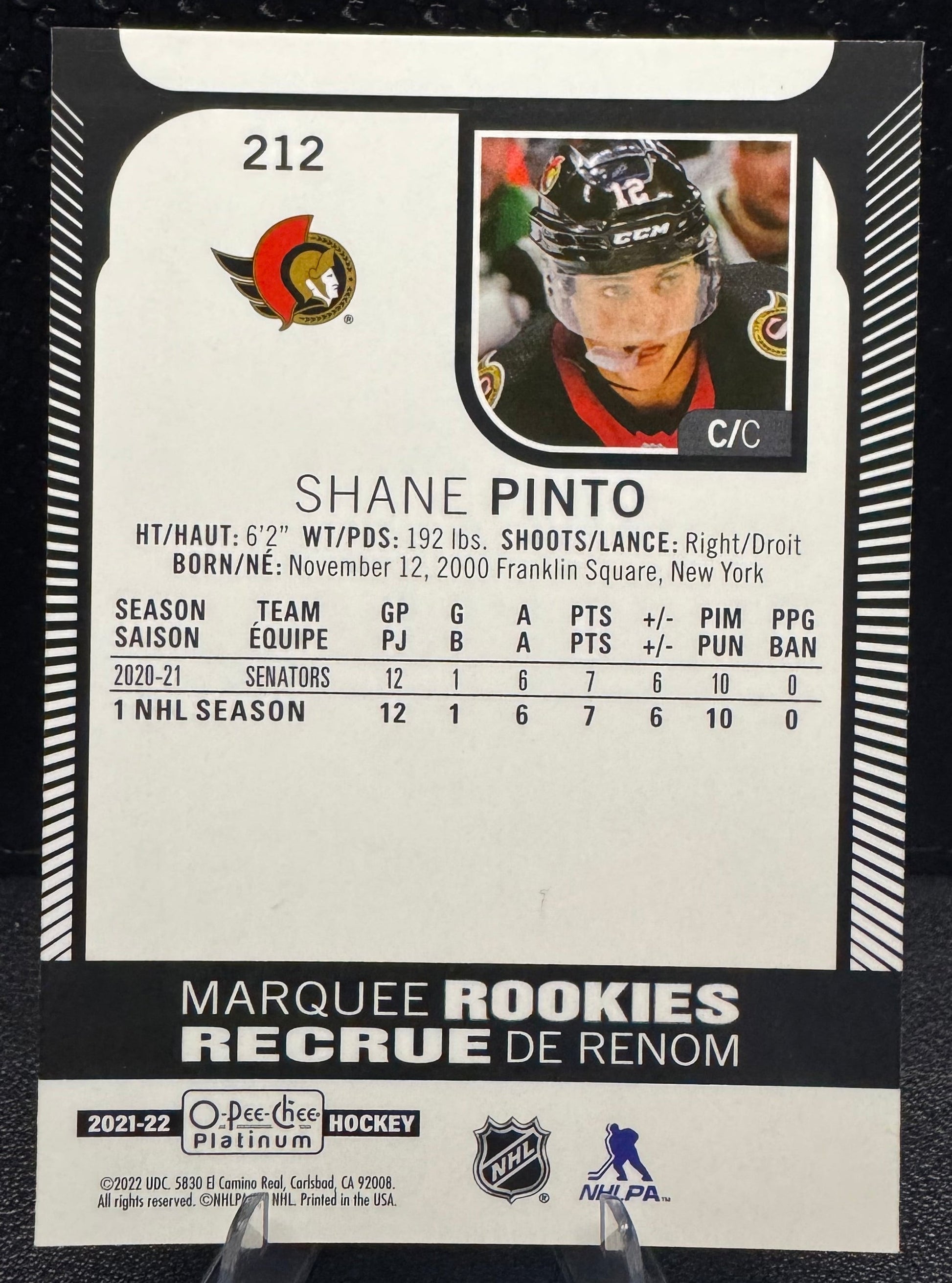 2021 - 22 O - Pee - Chee Platinum Marquee Rookies 212 Shane Pinto RC - 787 Hobby House