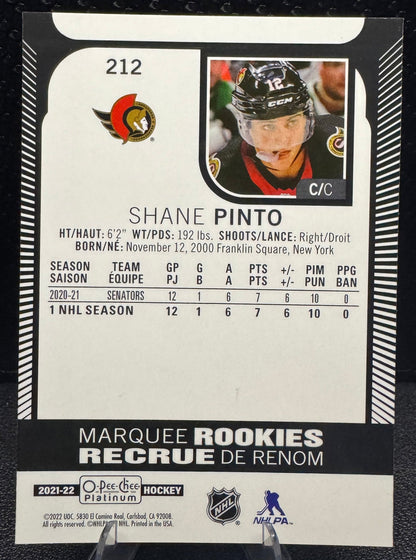 2021 - 22 O - Pee - Chee Platinum Marquee Rookies 212 Shane Pinto RC - 787 Hobby House