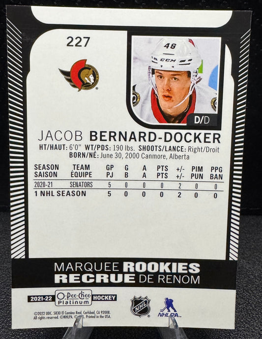 2021 - 22 O - Pee - Chee Platinum Marquee Rookies 227 Jacob Bernard - Docker RC - 787 Hobby House