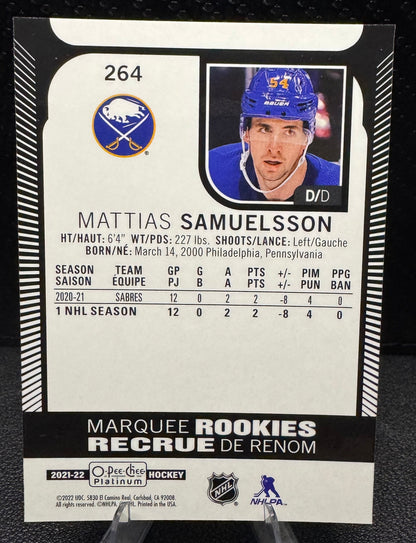 2021 - 22 O - Pee - Chee Platinum Marquee Rookies 264 Mattias Samuelsson RC - 787 Hobby House