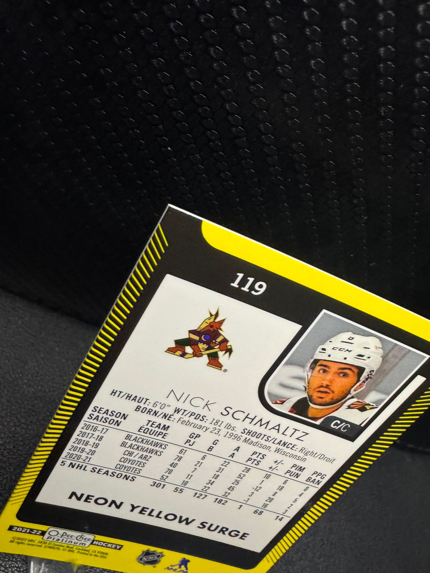 2021 - 22 O - Pee - Chee Platinum Neon Yellow Surge 119 Nick Schmaltz - 787 Hobby House