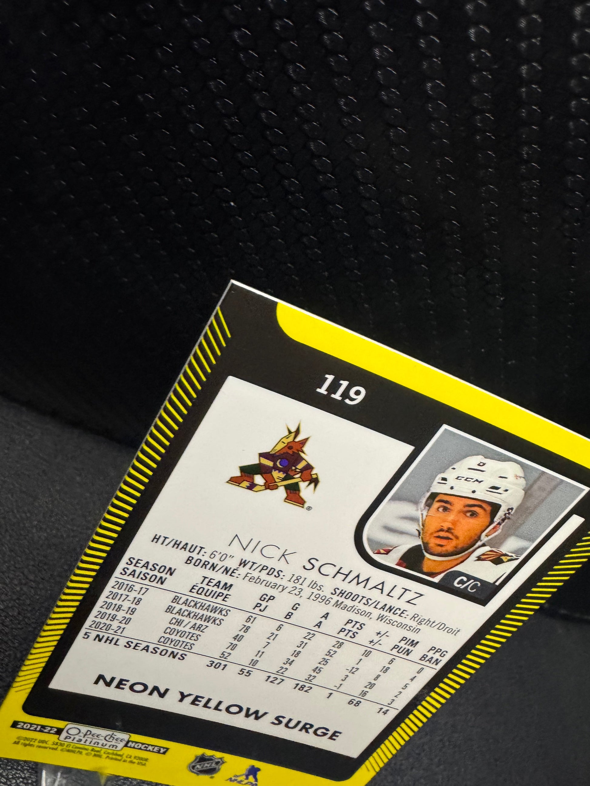 2021 - 22 O - Pee - Chee Platinum Neon Yellow Surge 119 Nick Schmaltz - 787 Hobby House