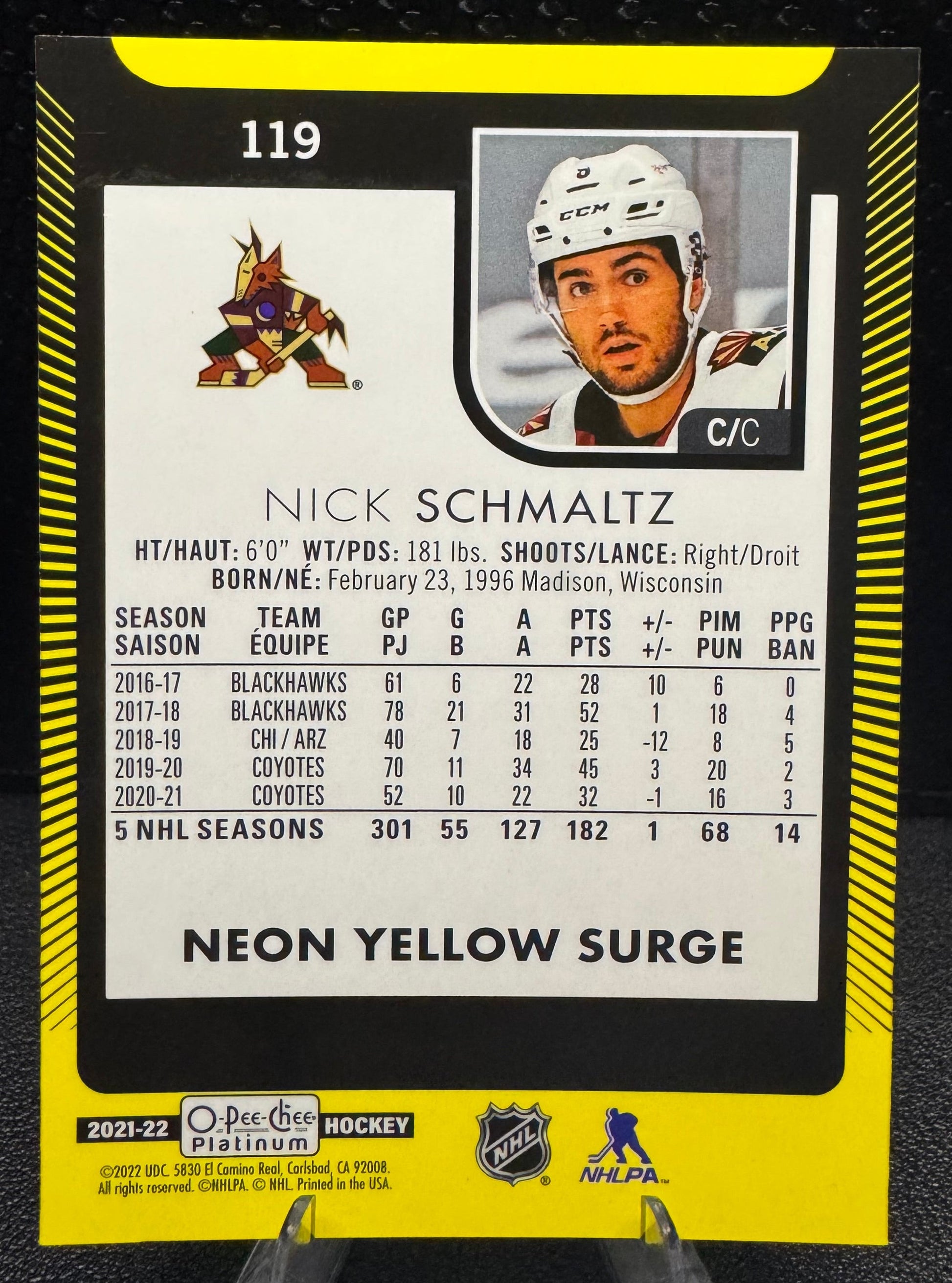 2021 - 22 O - Pee - Chee Platinum Neon Yellow Surge 119 Nick Schmaltz - 787 Hobby House