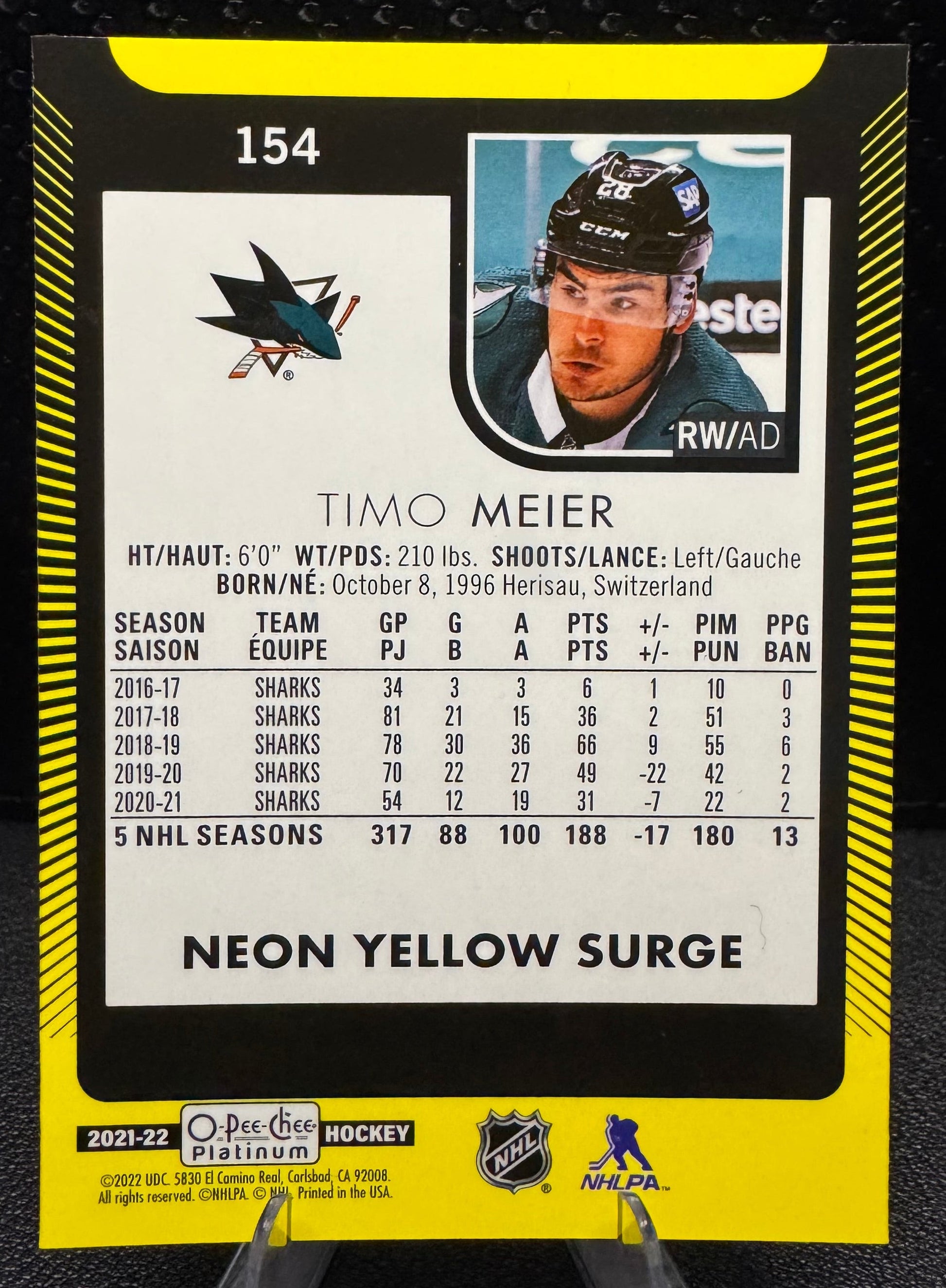 2021 - 22 O - Pee - Chee Platinum Neon Yellow Surge 154 Timo Meier - 787 Hobby House