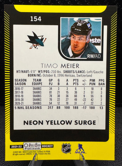 2021 - 22 O - Pee - Chee Platinum Neon Yellow Surge 154 Timo Meier - 787 Hobby House