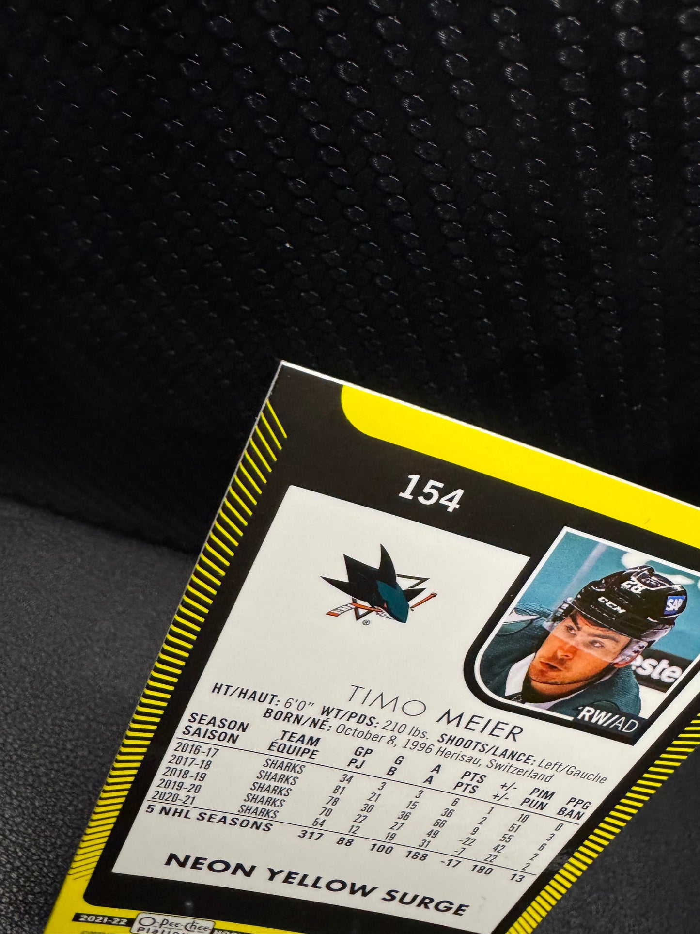 2021 - 22 O - Pee - Chee Platinum Neon Yellow Surge 154 Timo Meier - 787 Hobby House