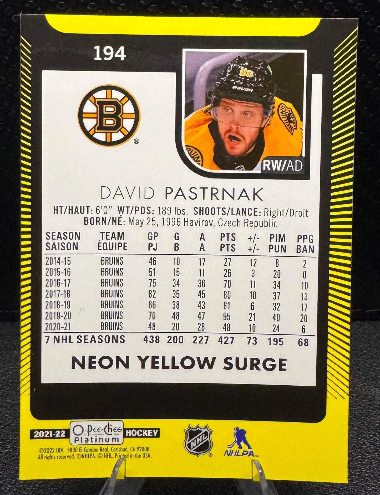 2021 - 22 O - Pee - Chee Platinum Neon Yellow Surge 194 David Pastrnak - 787 Hobby House