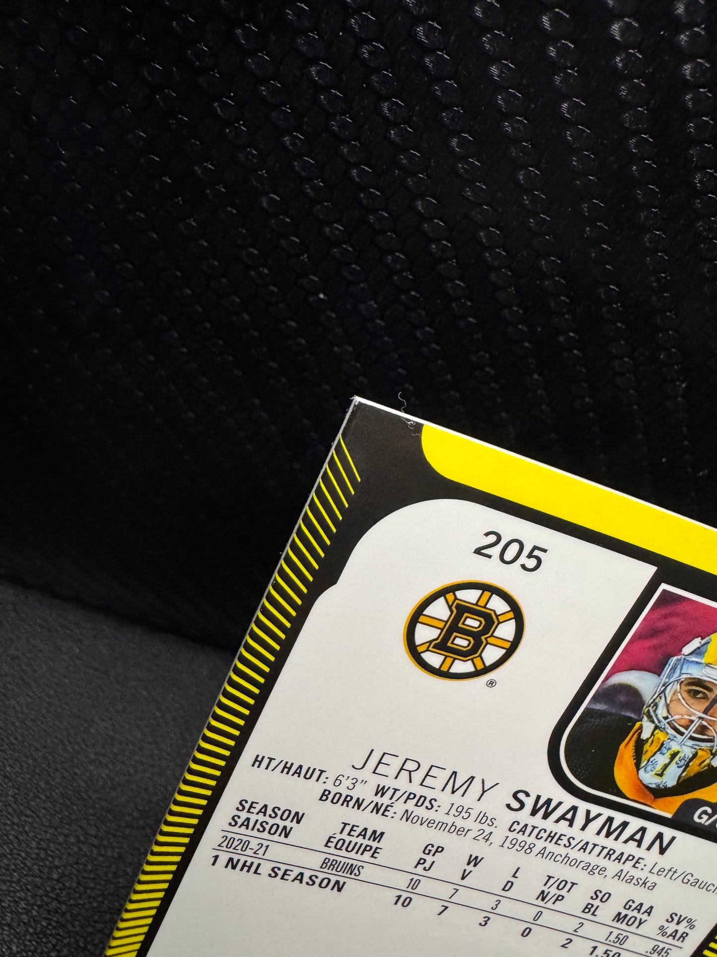 2021 - 22 O - Pee - Chee Platinum Neon Yellow Surge 205 Jeremy Swayman RC - 787 Hobby House
