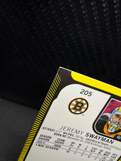 2021 - 22 O - Pee - Chee Platinum Neon Yellow Surge 205 Jeremy Swayman RC - 787 Hobby House
