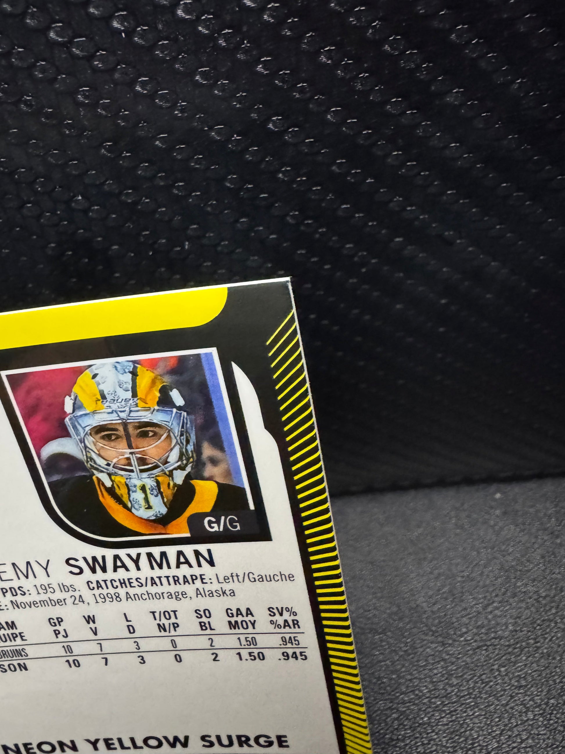 2021 - 22 O - Pee - Chee Platinum Neon Yellow Surge 205 Jeremy Swayman RC - 787 Hobby House
