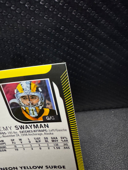 2021 - 22 O - Pee - Chee Platinum Neon Yellow Surge 205 Jeremy Swayman RC - 787 Hobby House