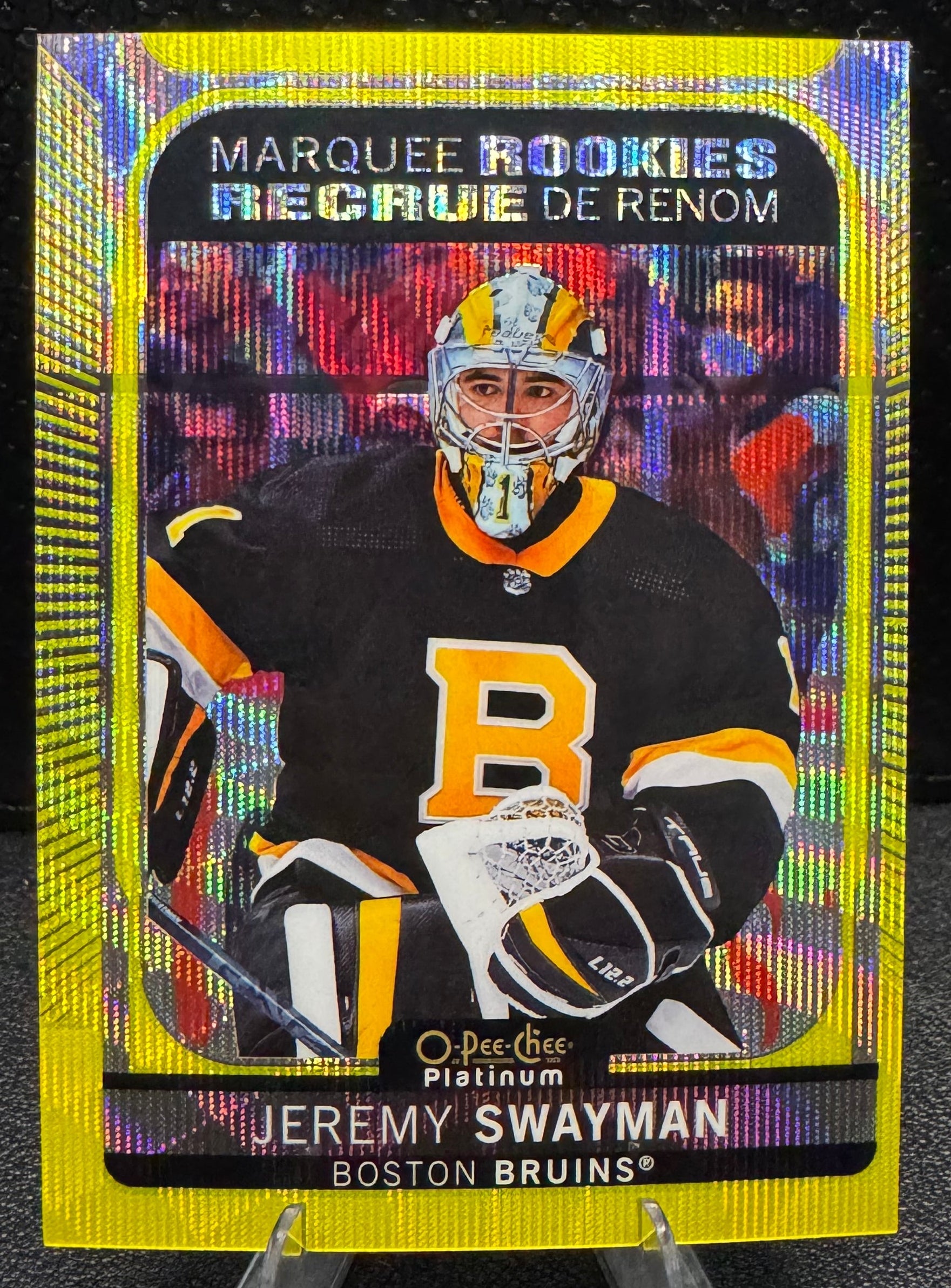 2021 - 22 O - Pee - Chee Platinum Neon Yellow Surge 205 Jeremy Swayman RC - 787 Hobby House