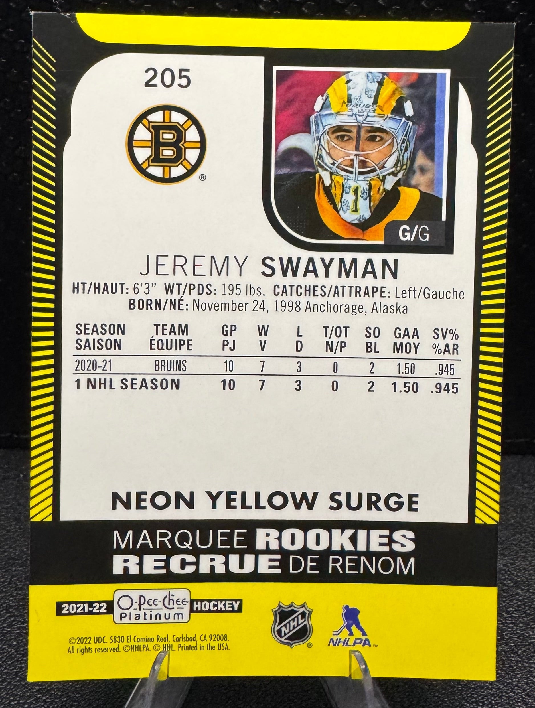 2021 - 22 O - Pee - Chee Platinum Neon Yellow Surge 205 Jeremy Swayman RC - 787 Hobby House