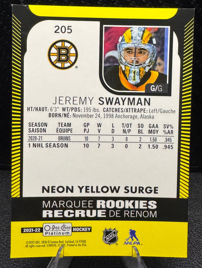 2021 - 22 O - Pee - Chee Platinum Neon Yellow Surge 205 Jeremy Swayman RC - 787 Hobby House