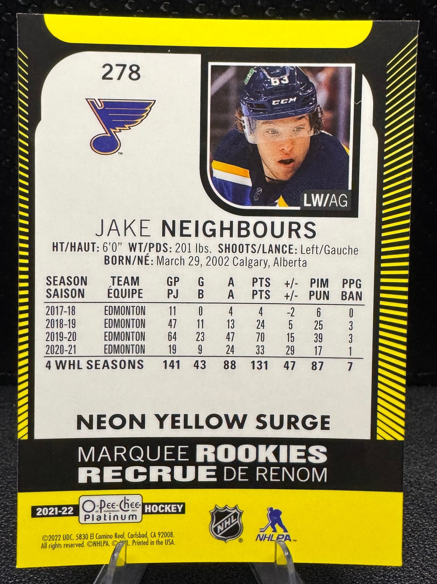 2021 - 22 O - Pee - Chee Platinum Neon Yellow Surge 278 Jake Neighbours RC - 787 Hobby House
