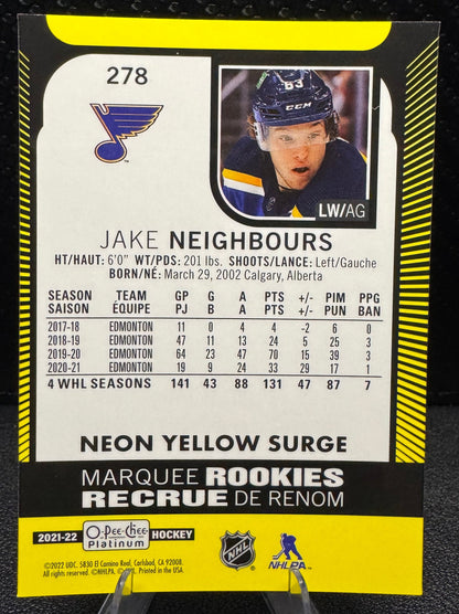 2021 - 22 O - Pee - Chee Platinum Neon Yellow Surge 278 Jake Neighbours RC - 787 Hobby House