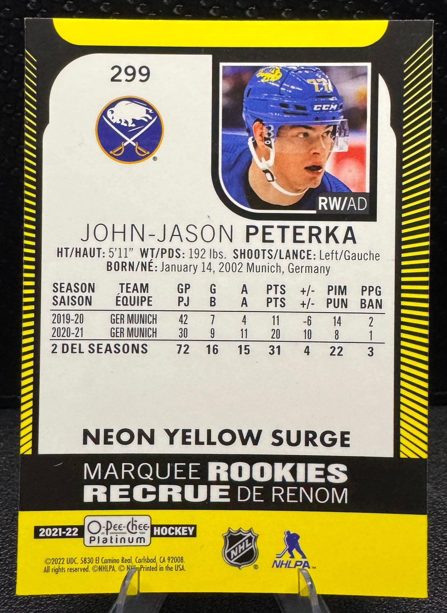 2021 - 22 O - Pee - Chee Platinum Neon Yellow Surge 299 John - Jason Peterka RC - 787 Hobby House