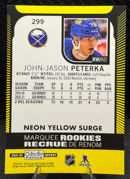 2021 - 22 O - Pee - Chee Platinum Neon Yellow Surge 299 John - Jason Peterka RC - 787 Hobby House