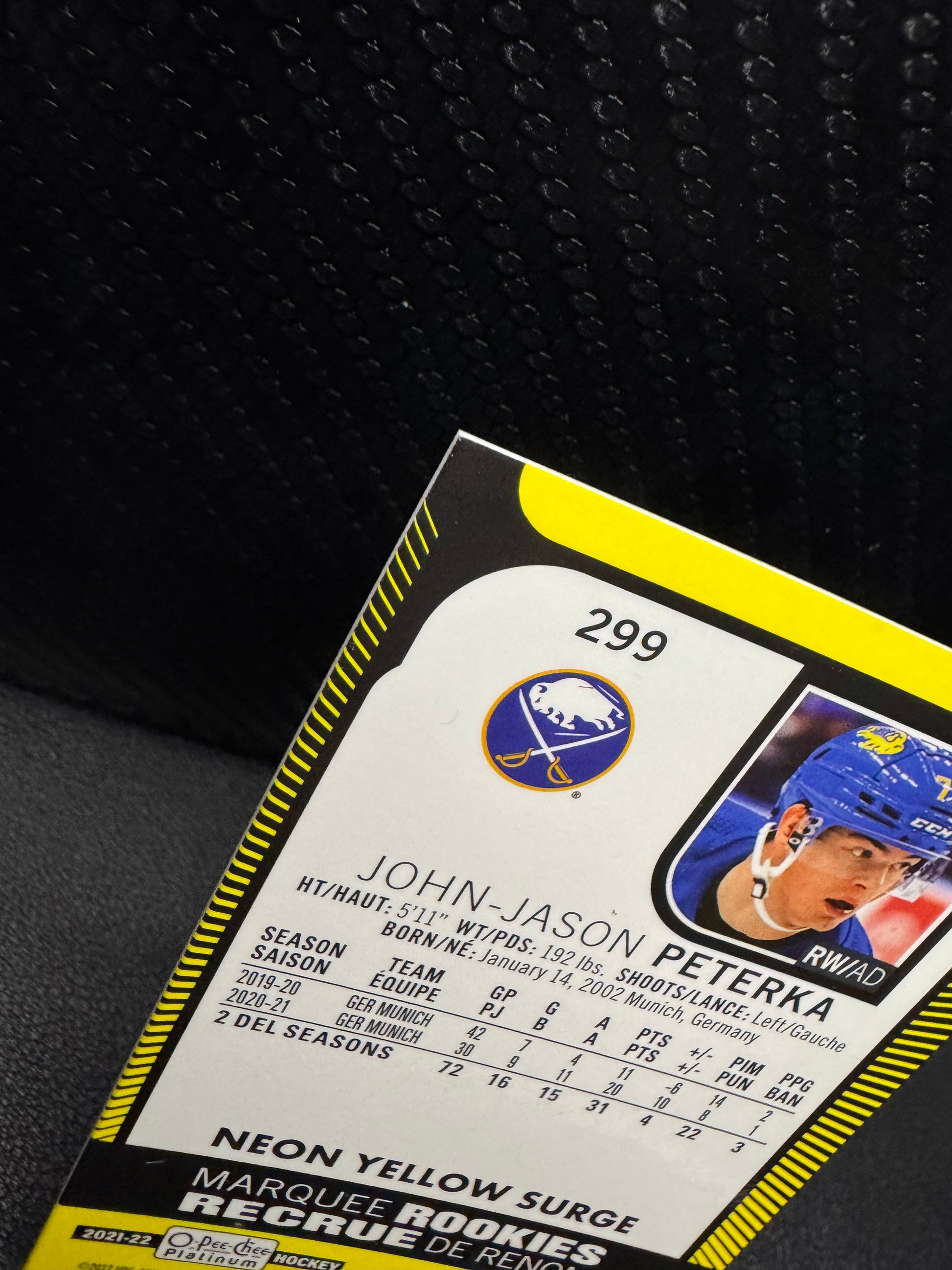 2021 - 22 O - Pee - Chee Platinum Neon Yellow Surge 299 John - Jason Peterka RC - 787 Hobby House