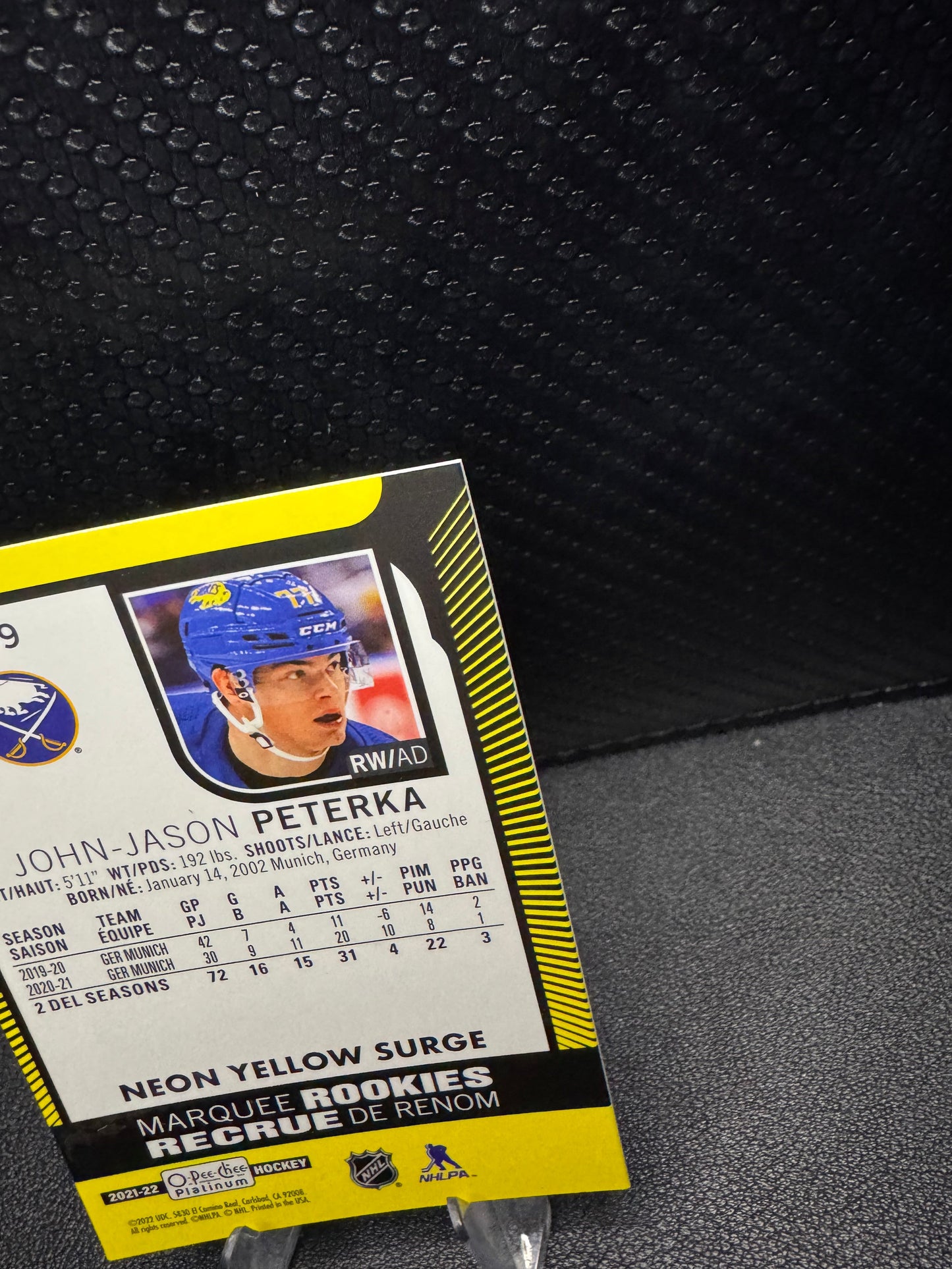 2021 - 22 O - Pee - Chee Platinum Neon Yellow Surge 299 John - Jason Peterka RC - 787 Hobby House