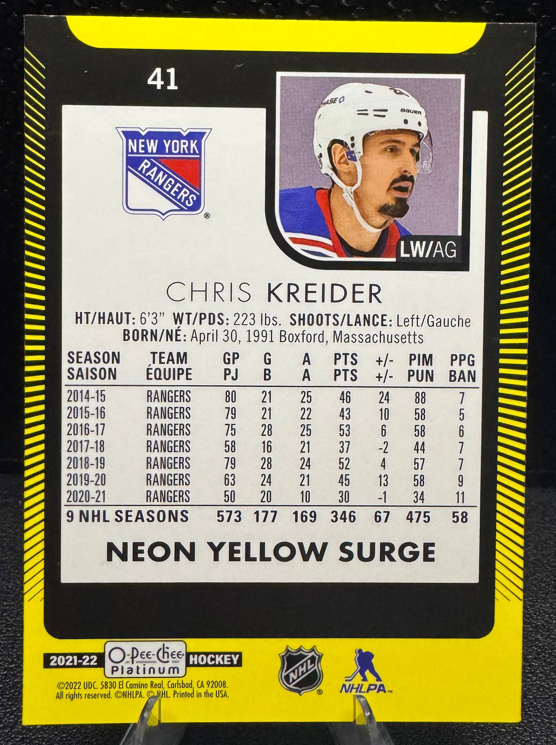 2021 - 22 O - Pee - Chee Platinum Neon Yellow Surge 41 Chris Kreider - 787 Hobby House