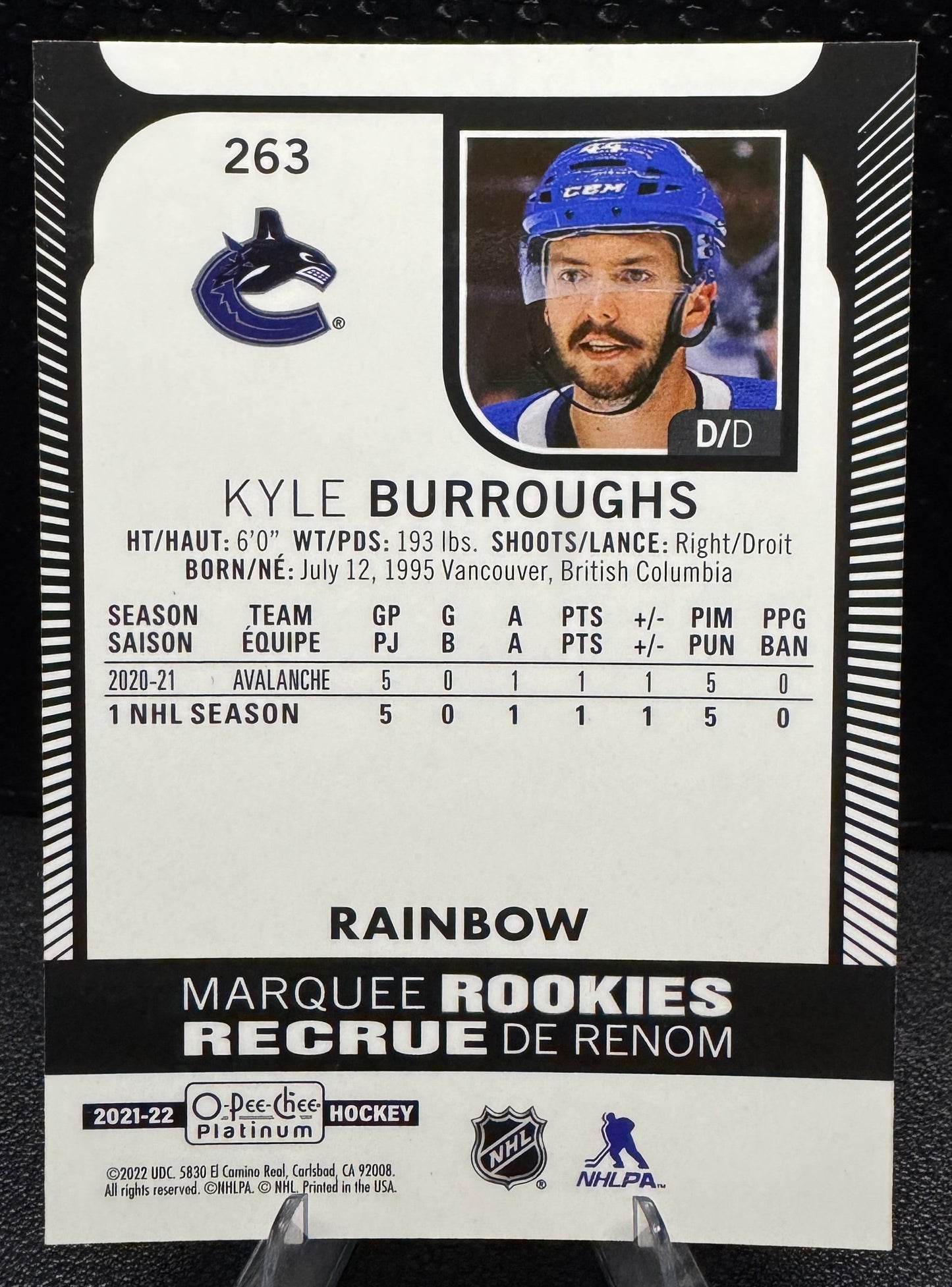 2021 - 22 O - Pee - Chee Platinum Rainbow Marquee Rookies 263 Kyle Burroughs RC - 787 Hobby House