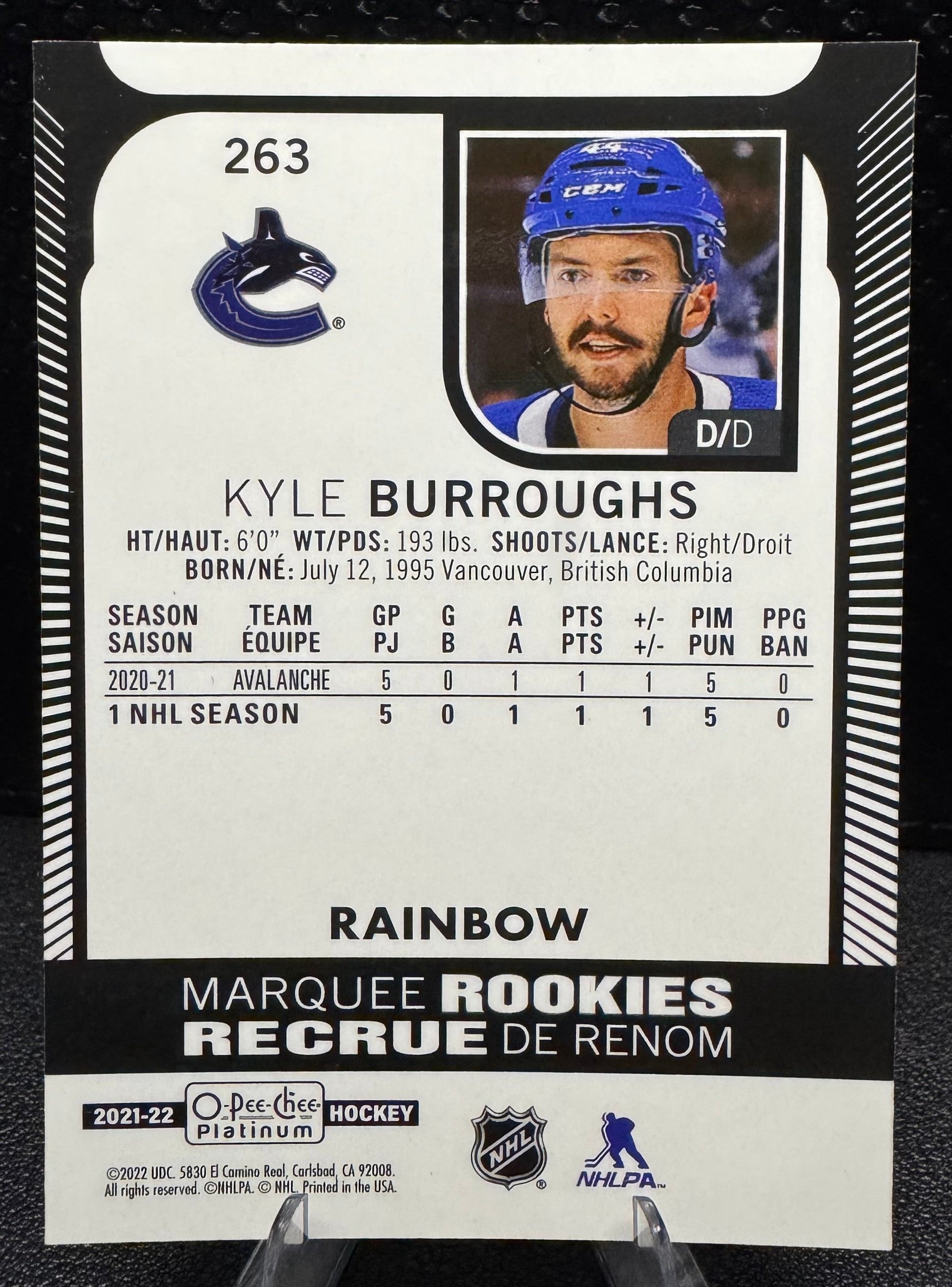 2021 - 22 O - Pee - Chee Platinum Rainbow Marquee Rookies 263 Kyle Burroughs RC - 787 Hobby House