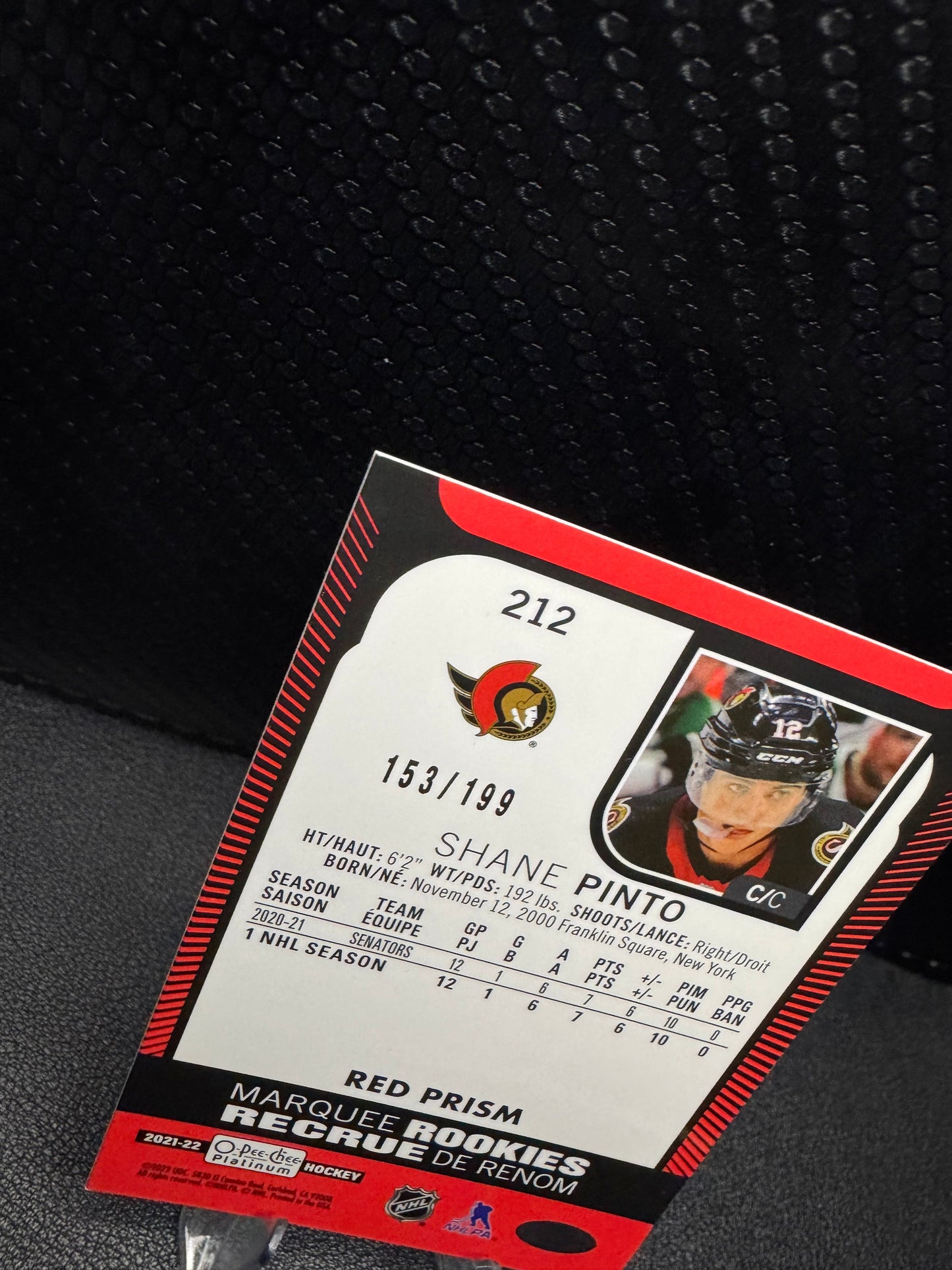 2021 - 22 O - Pee - Chee Platinum Red Prism 212 Shane Pinto RC 153/199 - 787 Hobby House