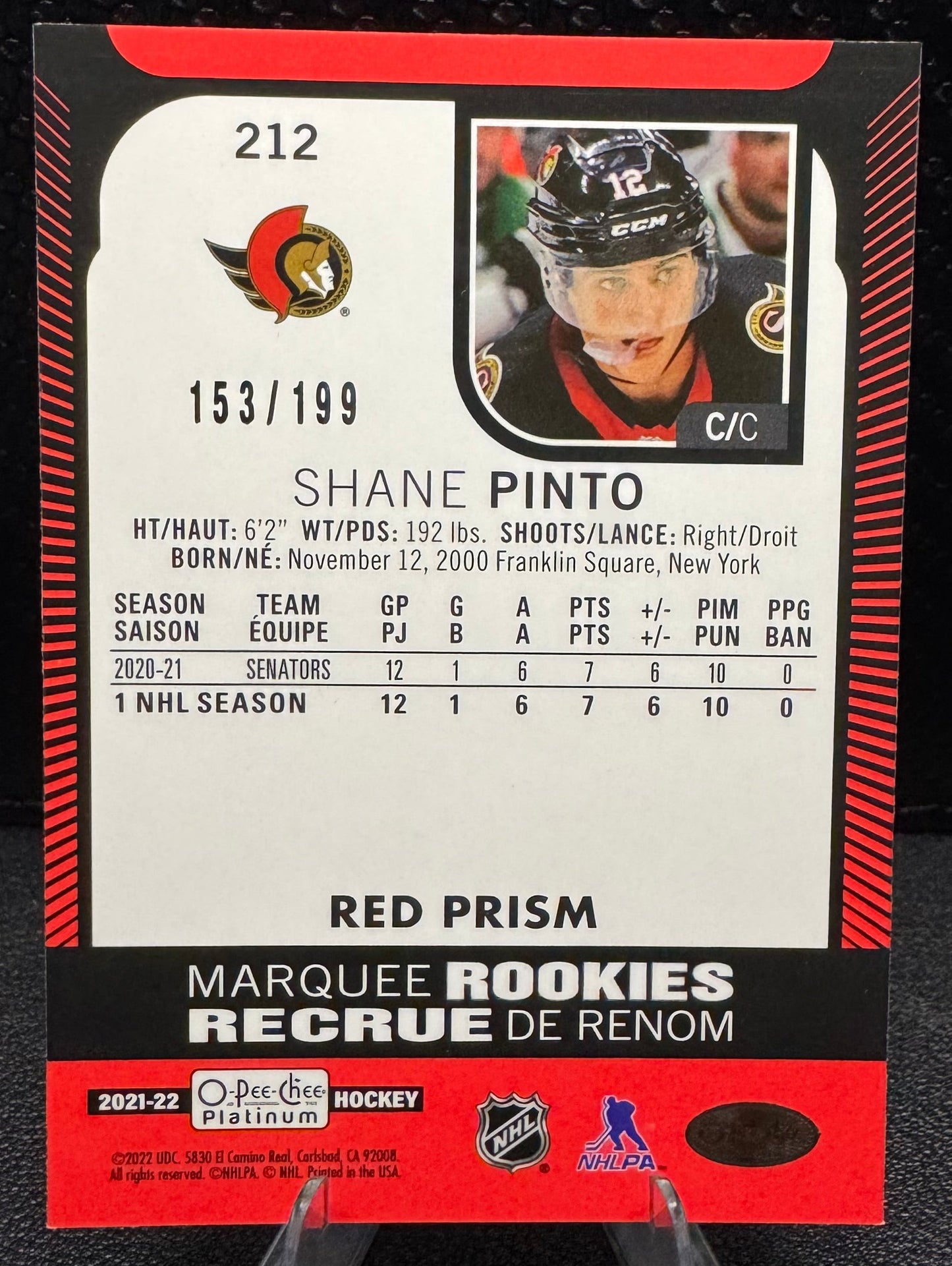 2021 - 22 O - Pee - Chee Platinum Red Prism 212 Shane Pinto RC 153/199 - 787 Hobby House