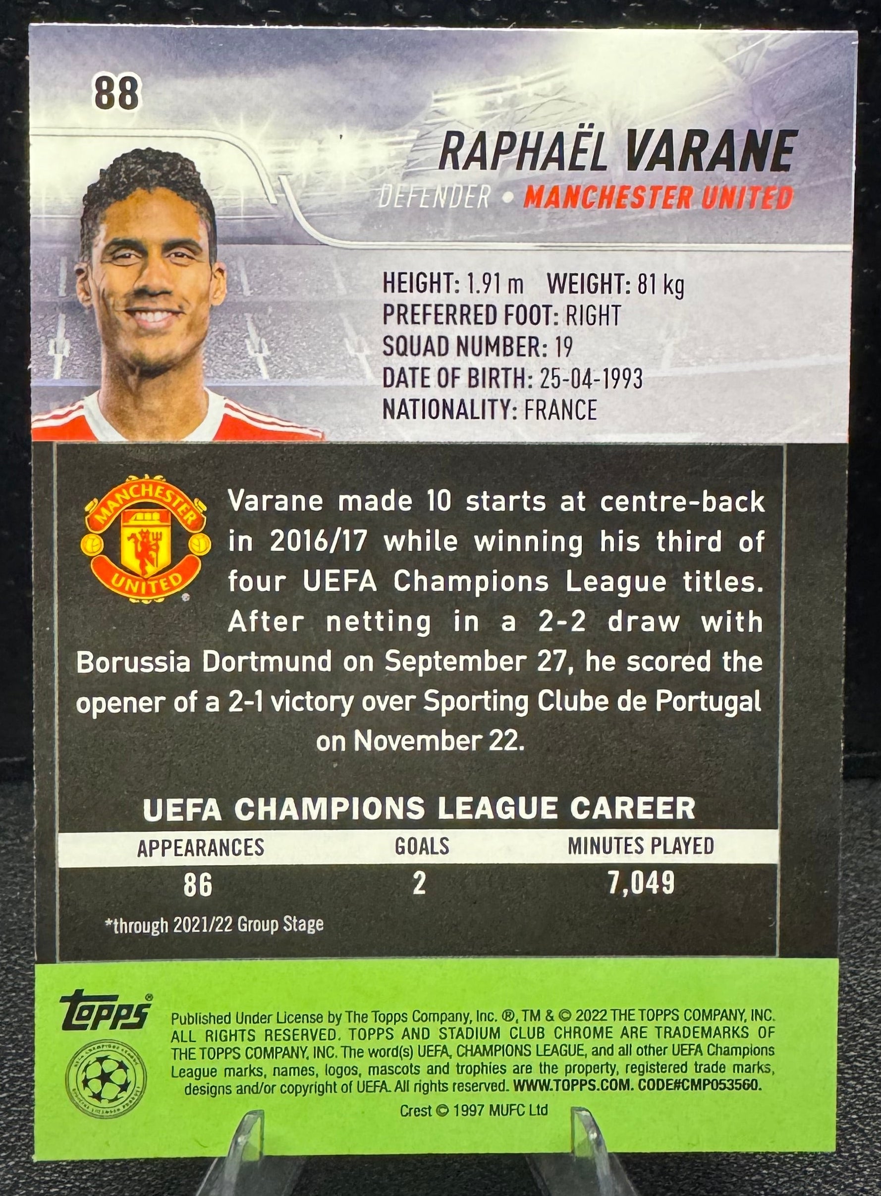 2021 - 22 Stadium Club Chrome UEFA Champions League 88 Raphael Varane - 787 Hobby House