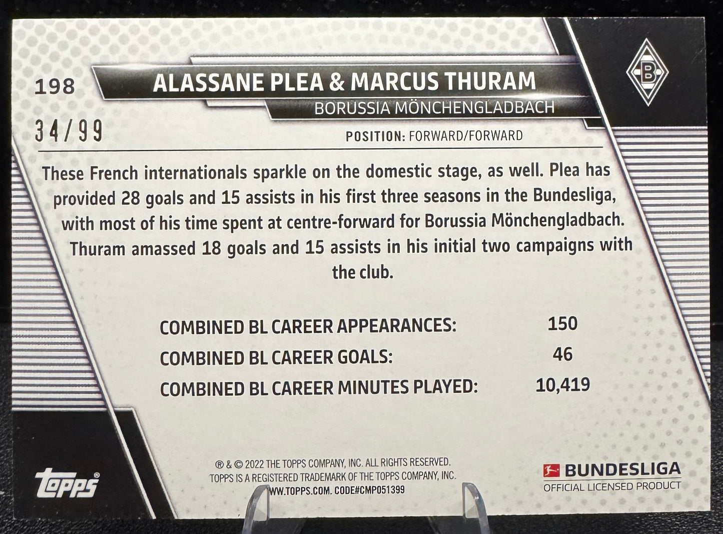 2021 - 22 Topps Bundesliga Blue Foil 198 Alassane Plea/Marcus Thuram 34/99 - 787 Hobby House