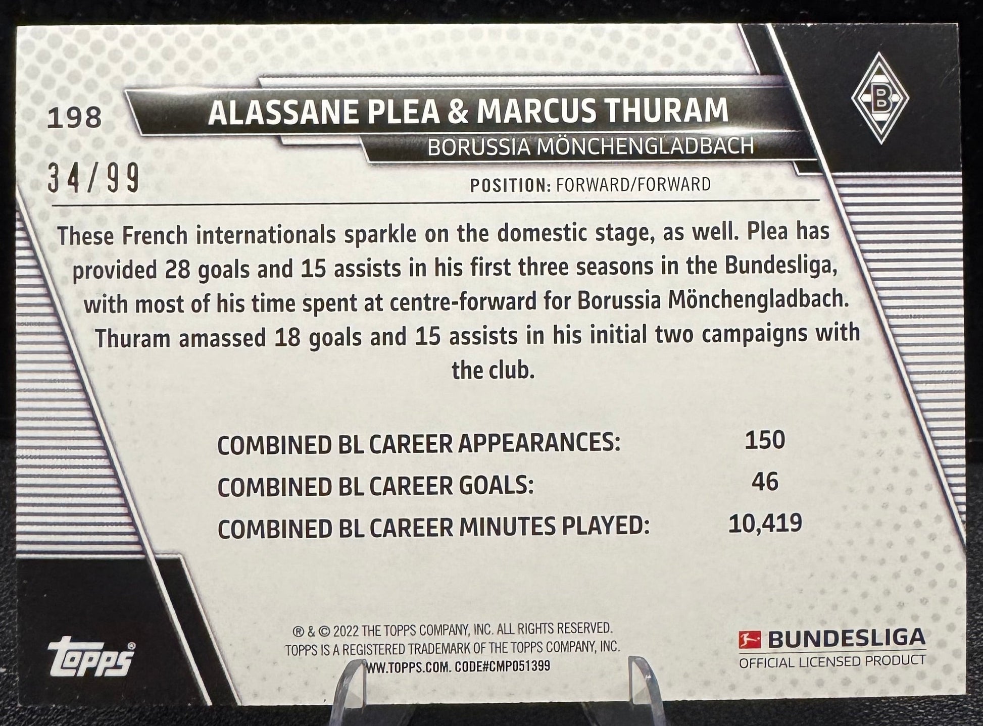 2021 - 22 Topps Bundesliga Blue Foil 198 Alassane Plea/Marcus Thuram 34/99 - 787 Hobby House