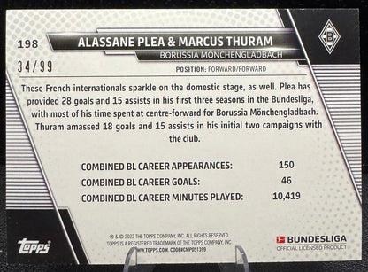 2021 - 22 Topps Bundesliga Blue Foil 198 Alassane Plea/Marcus Thuram 34/99 - 787 Hobby House