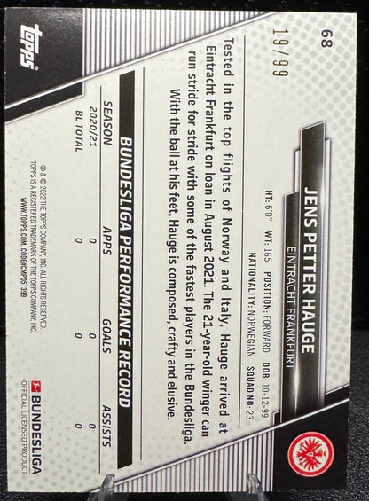 2021 - 22 Topps Bundesliga Blue Foil 68 Jens Petter Hauge 19/99 - 787 Hobby House
