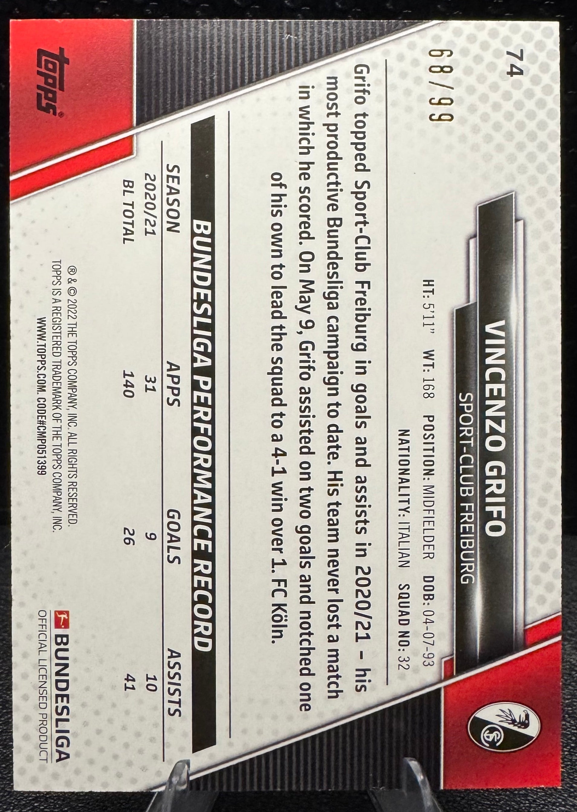 2021 - 22 Topps Bundesliga Blue Foil 74 Vincenzo Grifo 68/99 - 787 Hobby House